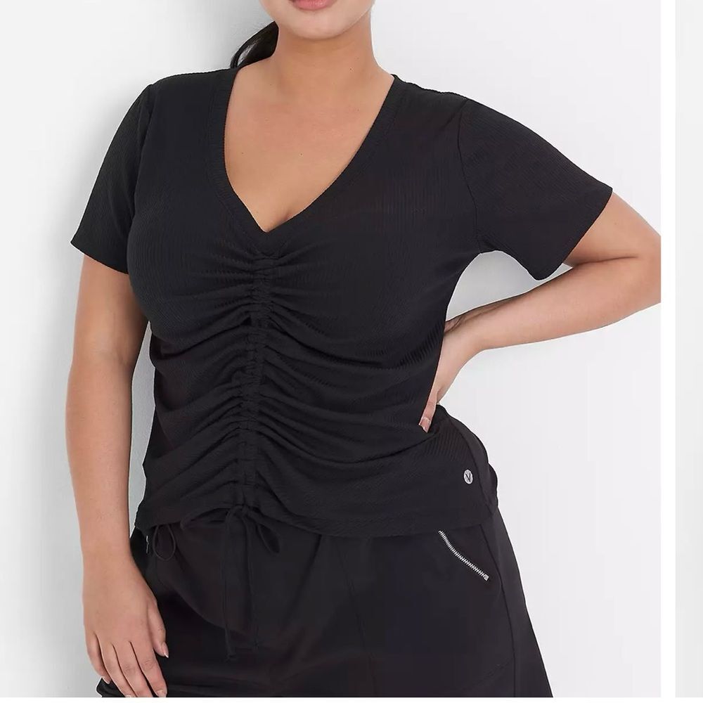 LIVI Lane Bryant Black V-Neck Ruched-Front Short Sleeve Top Shirt Size 18/20